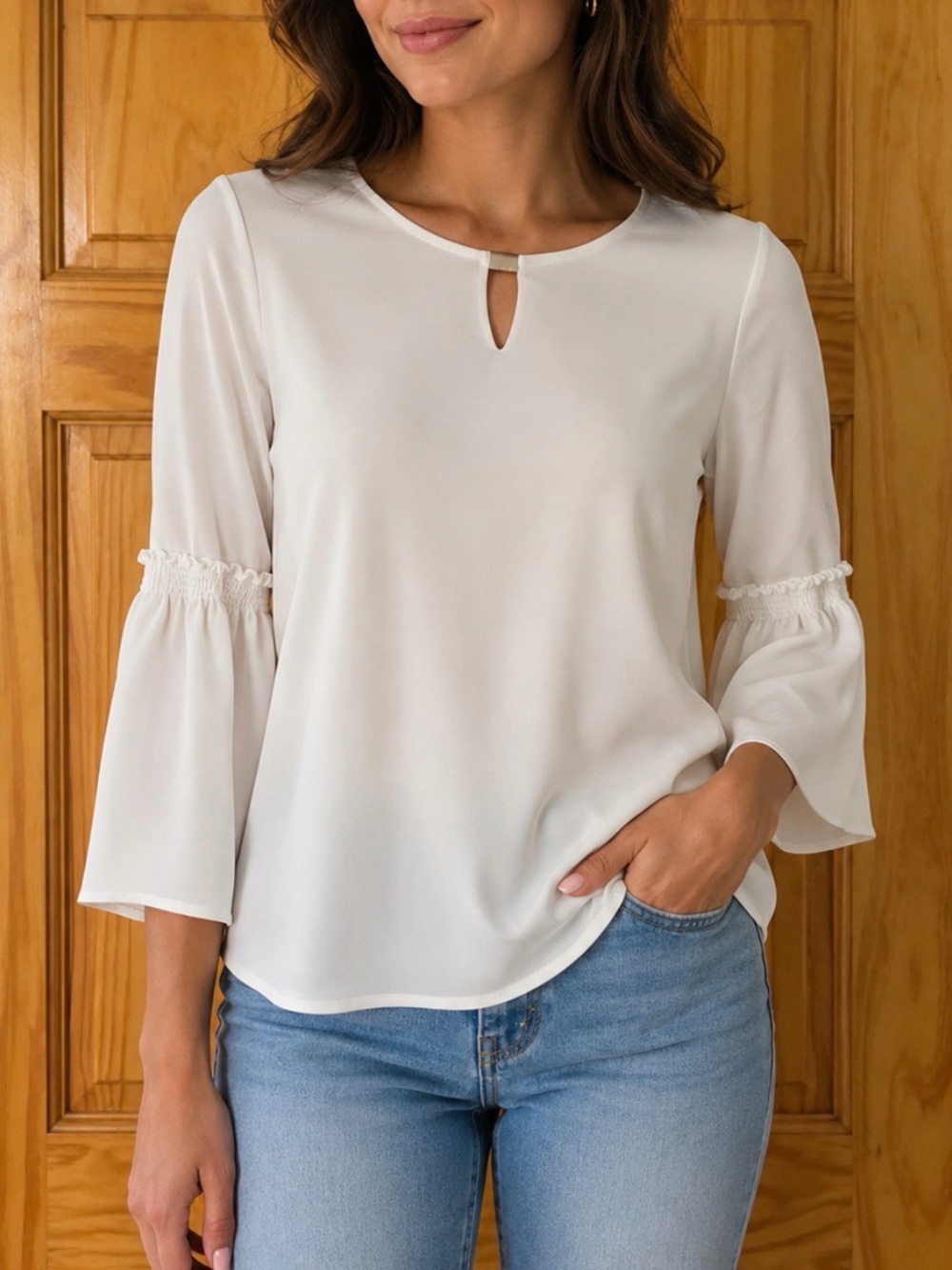 Calvin Klein Ivory Bell Sleeve Keyhole Top